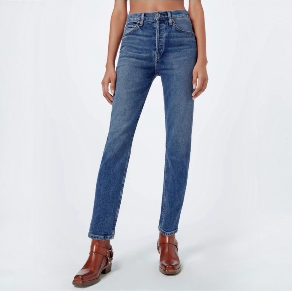 RE/DONE 70S HIGH RISE STOVE PIPE IN WESTERN BLUE STRETCH‎ JEANS SZ 27 $295